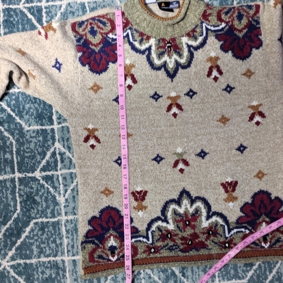 VTG Chunky Knit Mock Neck Wool Cottagecore Cozy Multi Pattern Sweater - Picture 6 of 7